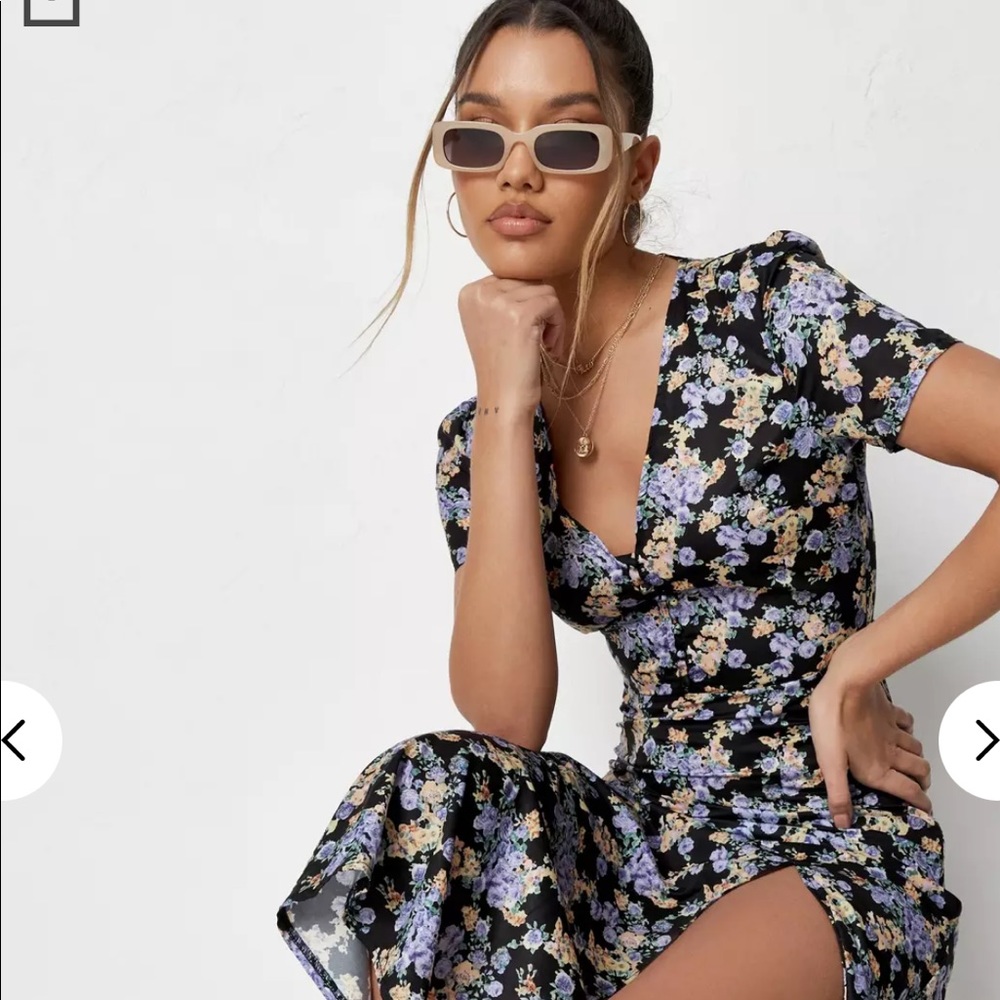 Black Floral Half Button Midi Tea Dress Missguided